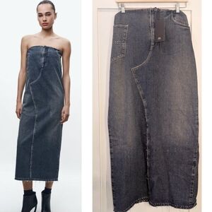 NEW! Zara | Topstitched Strapless Denim Midi Dress